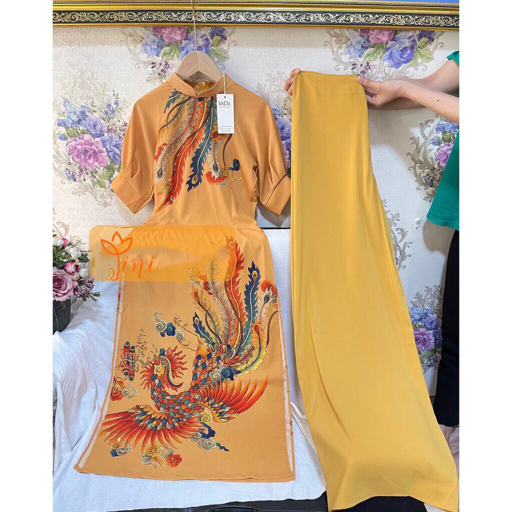 Set áo dài kèm quần vải lụa tuyết in 3D họa tiết phượng hoàng cao cấp, thời trang tết sang trọng - AD39 | BigBuy360 - bigbuy360.vn