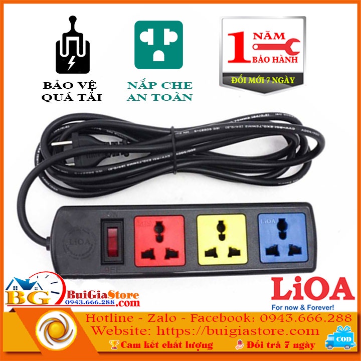 Ổ cắm điện LiOA 3 ổ cắm có nắp che an toàn - Bảo vệ quá tại bằng CB - Chịu tải 2200W