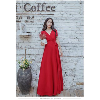 Đầm maxi tay phồng xẻ tà màu đỏ/đen - kèm hình thật 100%