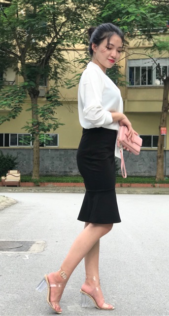 Sơmi nữ voan lụa có nơ ngực, 2 màu đỏ và trắng