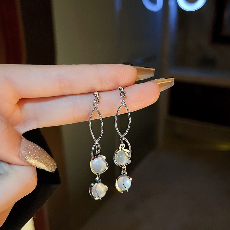 Bông Tai Dáng Dài Đính Đá Opal Thời Trang Retro Hàn Quốc Cao Cấp