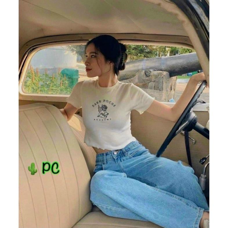 Áo Croptop Tay Ngắn Cổ Tròn Thêu Chữ Santa Cruz Trắng Đen SHTACR07