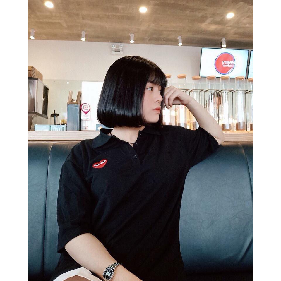 ÁO THUN POLO THÊU TIM TAY LỠ MÀU ĐEN - POLO HEART UNISEX BLACK - MM