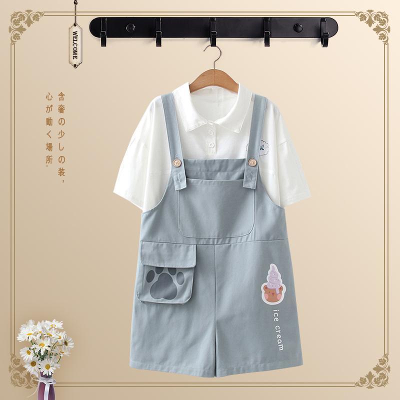 Bộ Áo Thun Dáng Rộng In Hoạt Hình Phối Quần Yếm Hồng Thời Trang Mùa Hè Năng Động