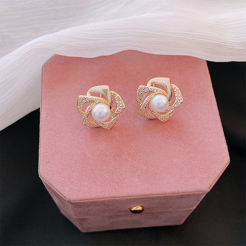 Bông Tai Mạ Bạc 925 Hình Hoa Trà Đính Kim Cương Giả Và Ngọc Trai Phong Cách Hàn Quốc