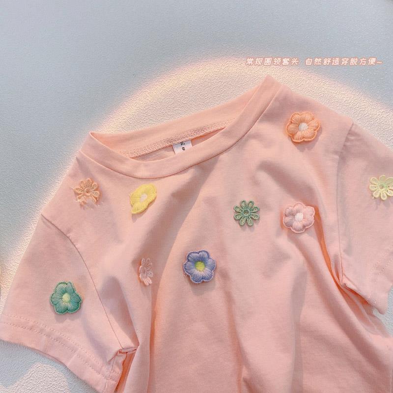 Áo thun cotton tay lỡ in họa tiết hoa dễ thương thời trang mùa hè phong cách Hàn Quốc cho bé gái