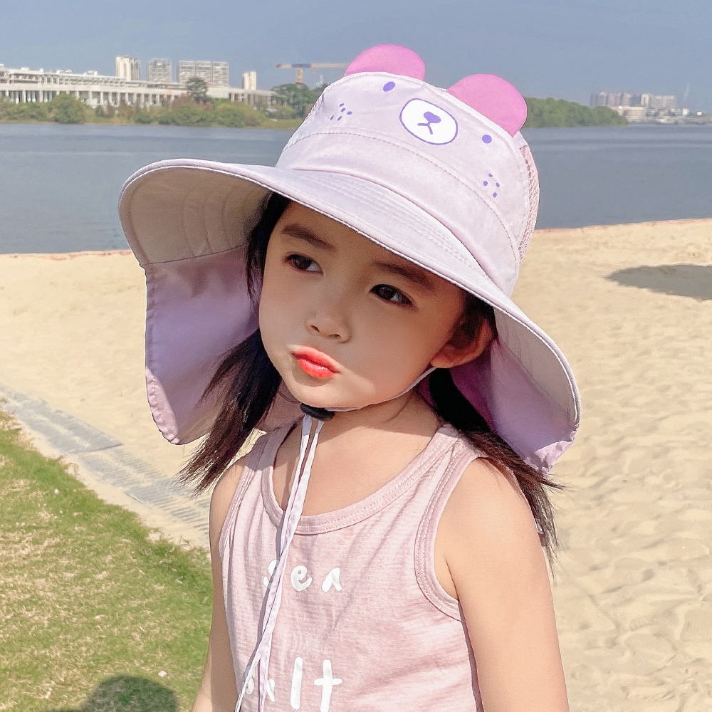 Mũ rộng vành, che gáy chống nắng chống tia UV họa tiết gấu dễ thương cho bé