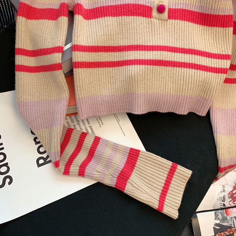 Áo sweater Dệt Kim Kẻ Sọc Màu Tương Phản Phong Cách Phương Tây Thời Trang Mùa Thu Cho Nữ