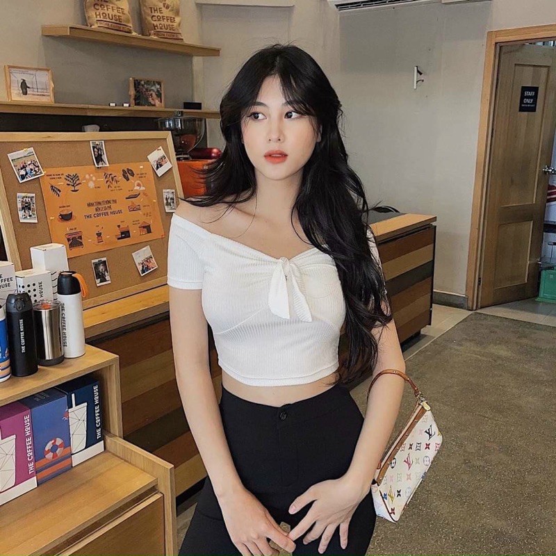 [Mã FAMARAL1 giảm 10K đơn 50K] Áo thun croptop body trễ vai cột nơ
