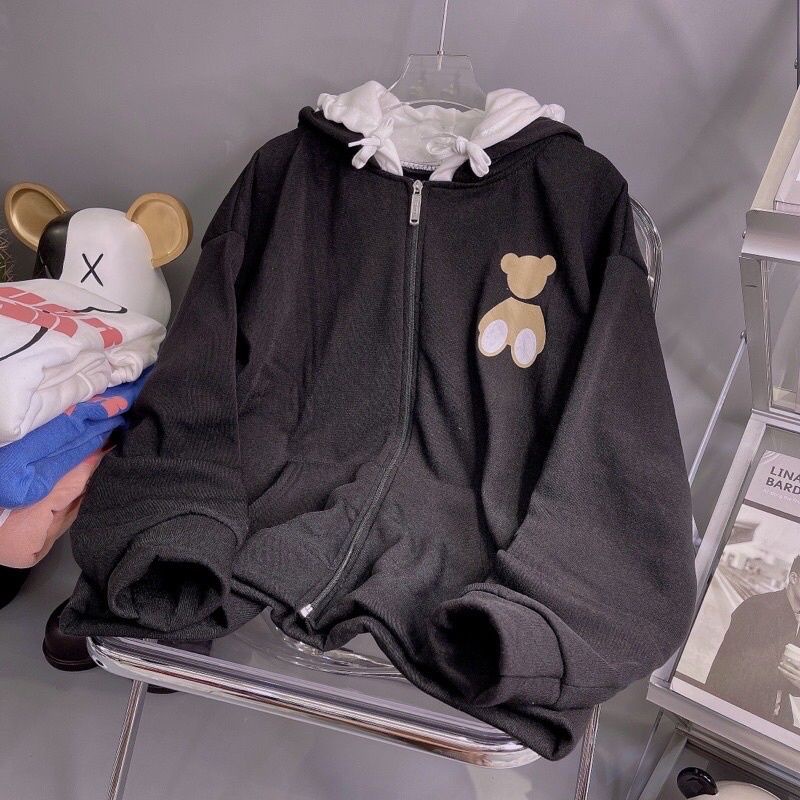 Áo Khoác Hoodie Unisex Hàn Quốc 💖 Khóa Kéo Nón 2 Lớp In Gấu SATUDR OREAN AGE