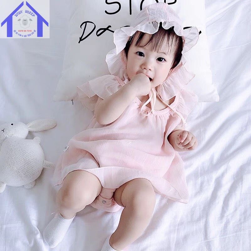 Váy body tiểu thư cộc tay kèm mũ bèo tiểu thư vải đũi mát cho bé gái Baby Sheep