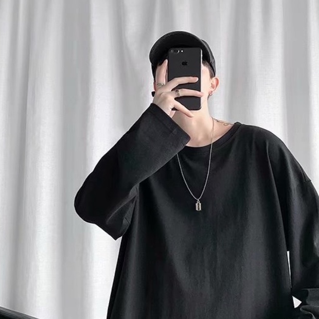 Mới Áo thun tay dài cổ tròn màu trơn đơn giản phong cách Harajuku cho nam