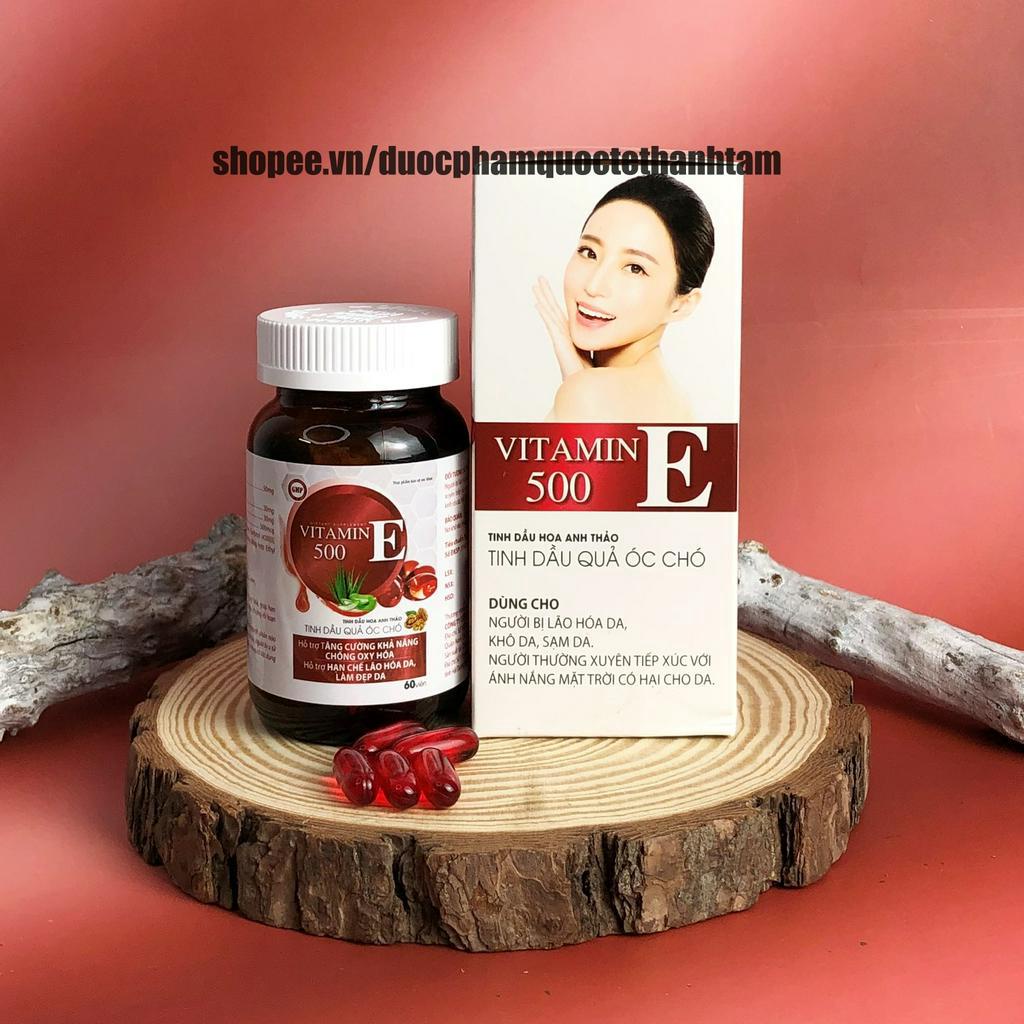 Viên uống trắng da Vitamin E 500 với tinh dầu lô hội giúp đẹp da, sáng da, chống lão hóa, giảm nám, bôi lên da- Hộp 60 v