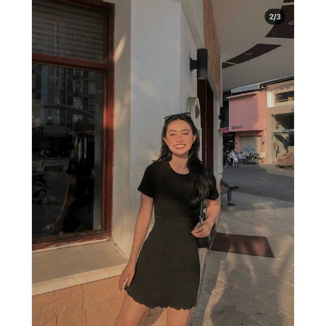 Đầm cổ tròn lai nhún nhẹ/ Đầm thun gân | BigBuy360 - bigbuy360.vn