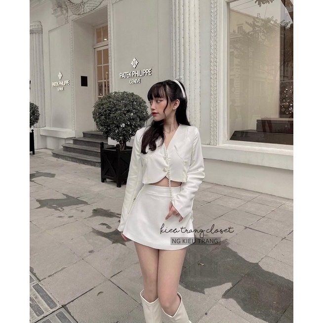 Set áo vest croptop tay dài cổ V kèm quần váy ống rộng