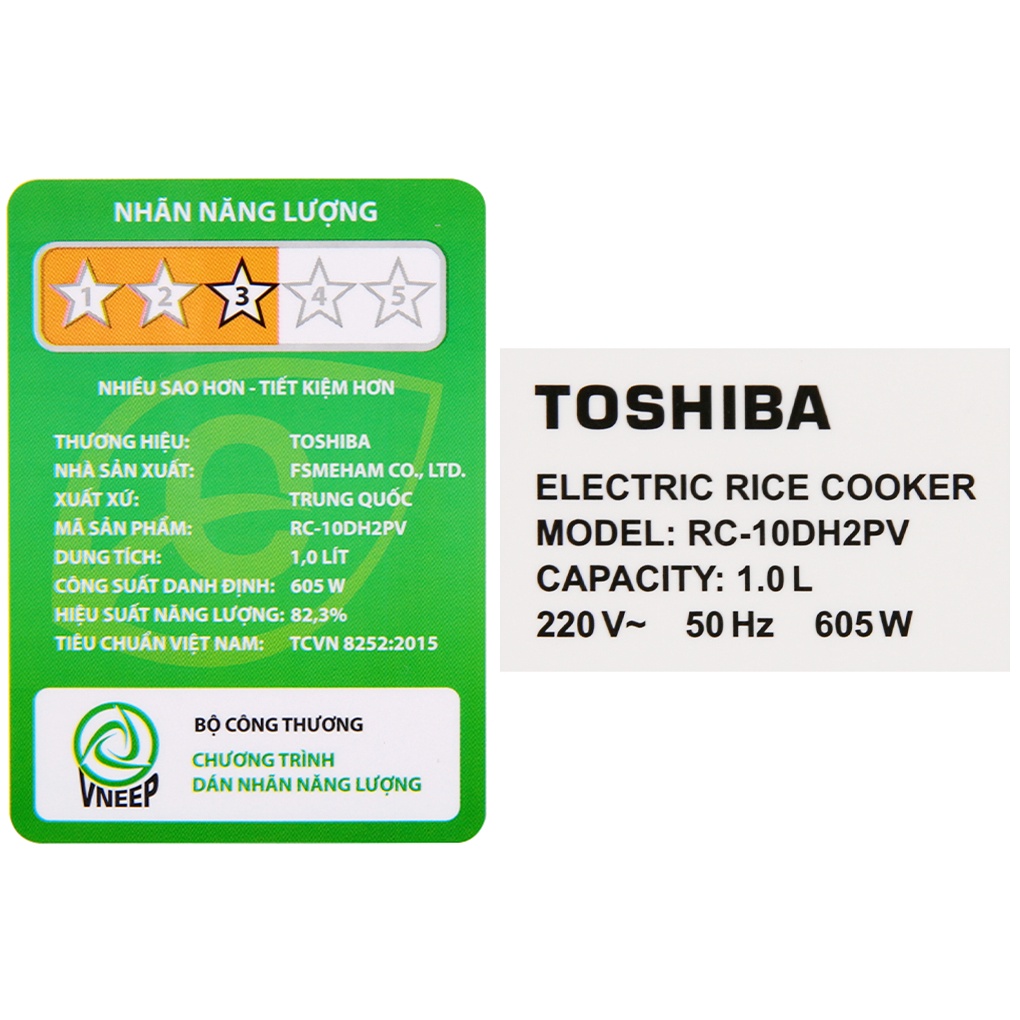 Nồi cơm điện tử Toshiba RC-10DH2PV(W) 1 lít 605W lòng nồi chống dính - Chính hãng BH 12 tháng