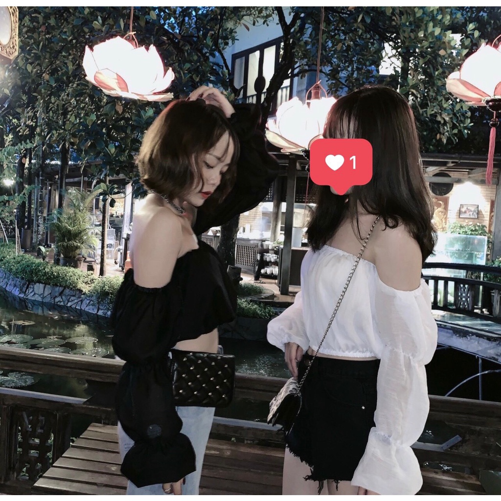 Áo trễ vai croptop tay bồng tiểu thư, Áo hở vai gợi cảm 2 màu trắng/đen - KemStudio