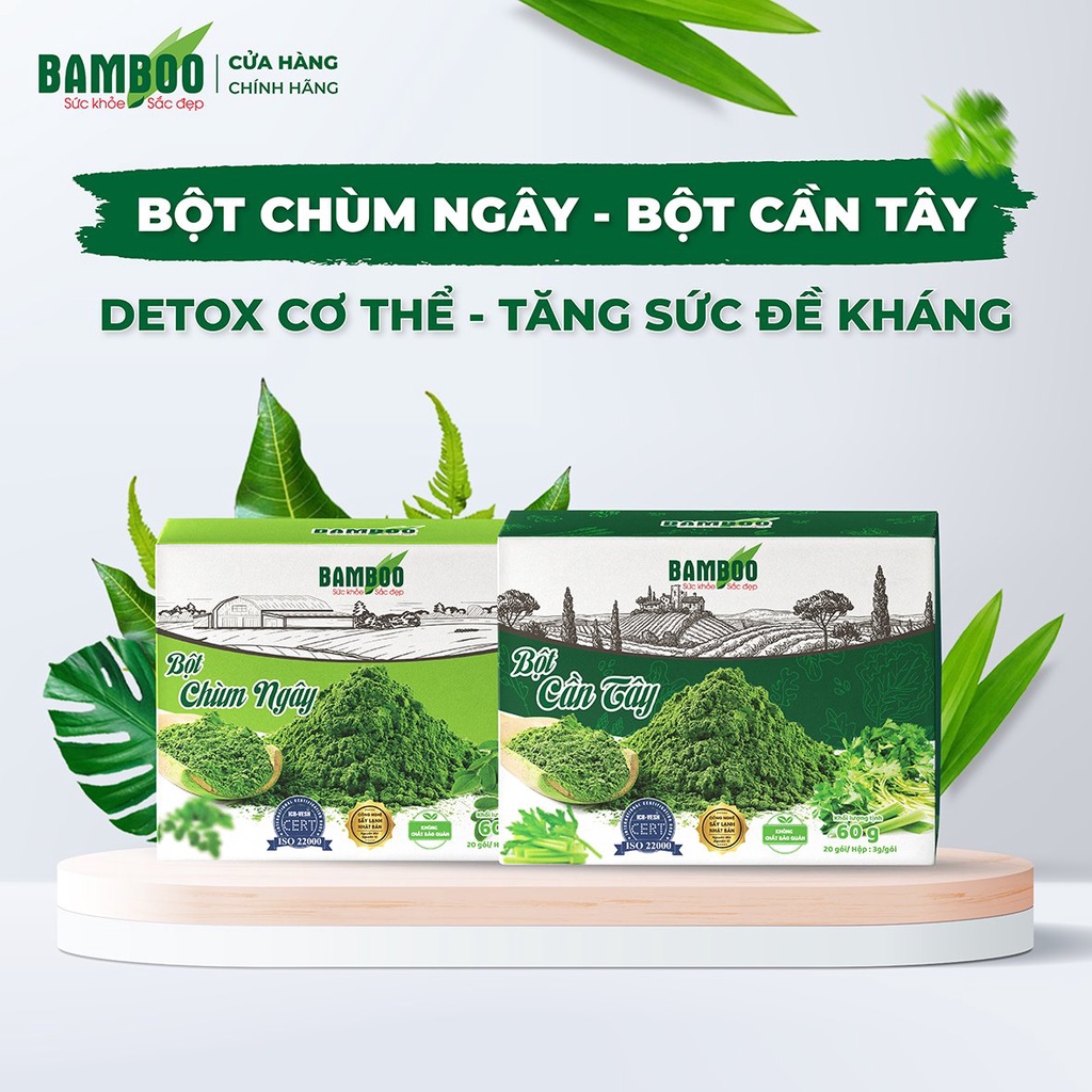 Combo Bột cần tây và Bột chùm ngây Bamboo nguyên chất, siêu mịn (hộp 60g/ 20 gói x 2)