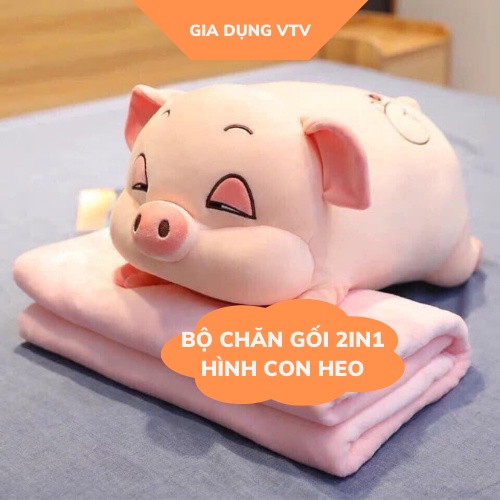 Chăn ngủ văn phòng kèm gấu bông hình con heo, Bộ chăn ngủ 2 trong 1 cho bé Gia Dụng VTV