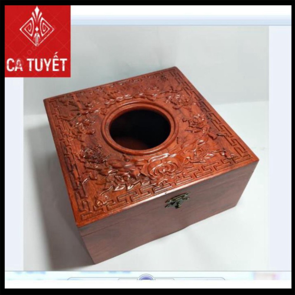 HỘP ĐỰNG GIẤY ĂN GỖ HƯƠNG VUÔNG 20x20 CHẠM HOA HỒNG - ẢNH THẬT