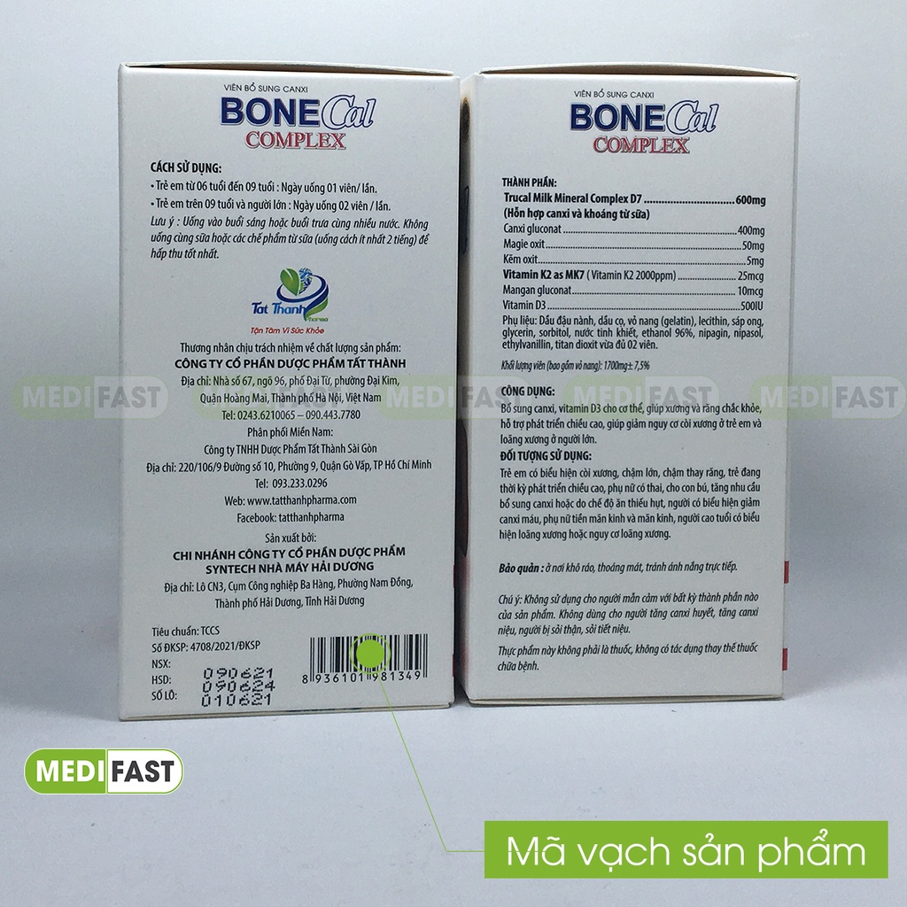 Canxi từ sữa Bone Cal Comlex - Hộp 30 viên - giảm loãng xương, còi xương ở trẻ em và người lớn, có thêm D3 K2