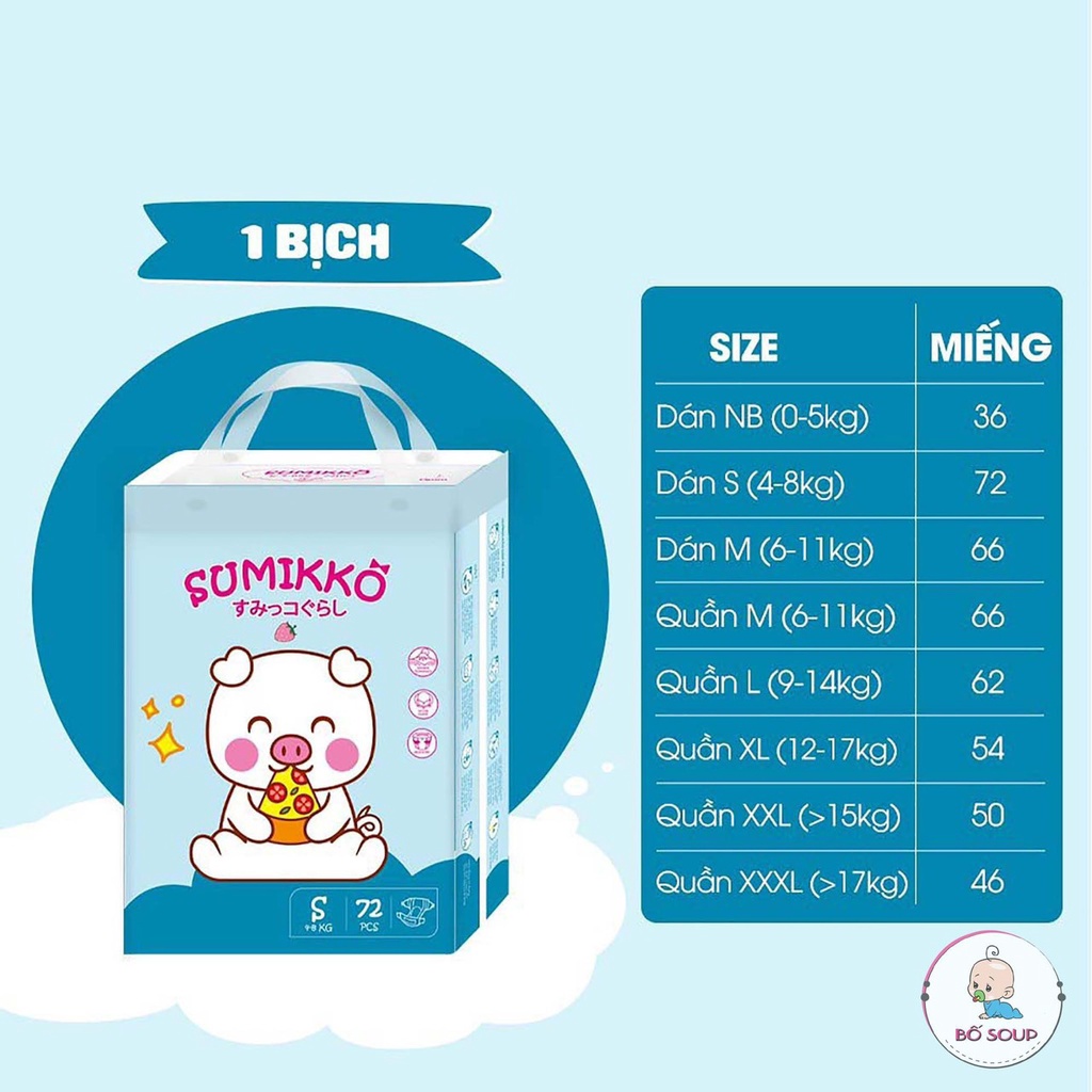 Bỉm quần tã dán SUMIKKO công nghệ Nhật Bản chống hăm, vách ngăn chống tràn 3D hai lớp NB36/S72/M66/L62/XL54/XXL50/XXXL46