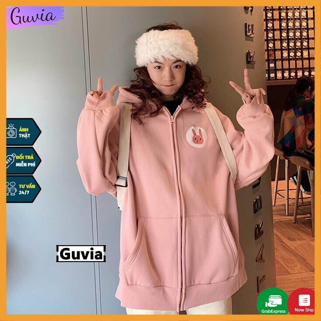 Áo khoác Da Cá Hoodie Thêu Mặt Thỏ Dây Kéo form rộng áo nỉ bông ulzzang Cá Tính Unisex AKN35 NTA
