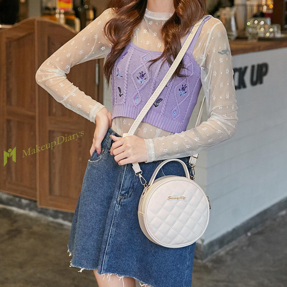 Túi xách da PU hình tròn mini màu trơn họa tiết lưới thời trang cho nữ