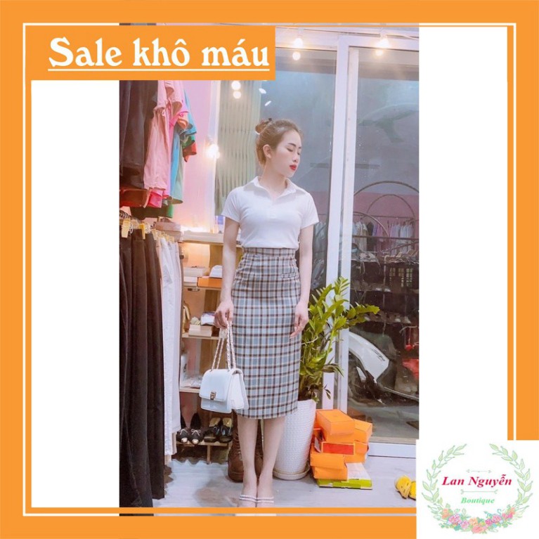 Buôn Sỉ 🍀Set Áo Trắng Cổ Bẻ Mix Chân VÁy🍀 Kẻ Dài Cho Nữ Hàng Đẹp