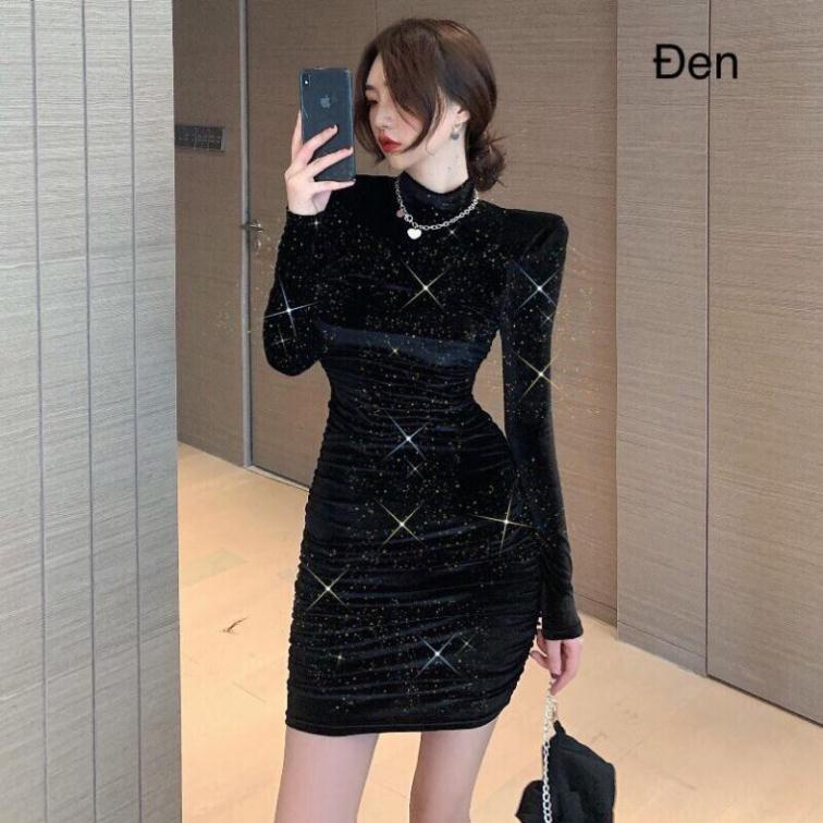 váy nhung đính đá cổ 3p dáng ngắn