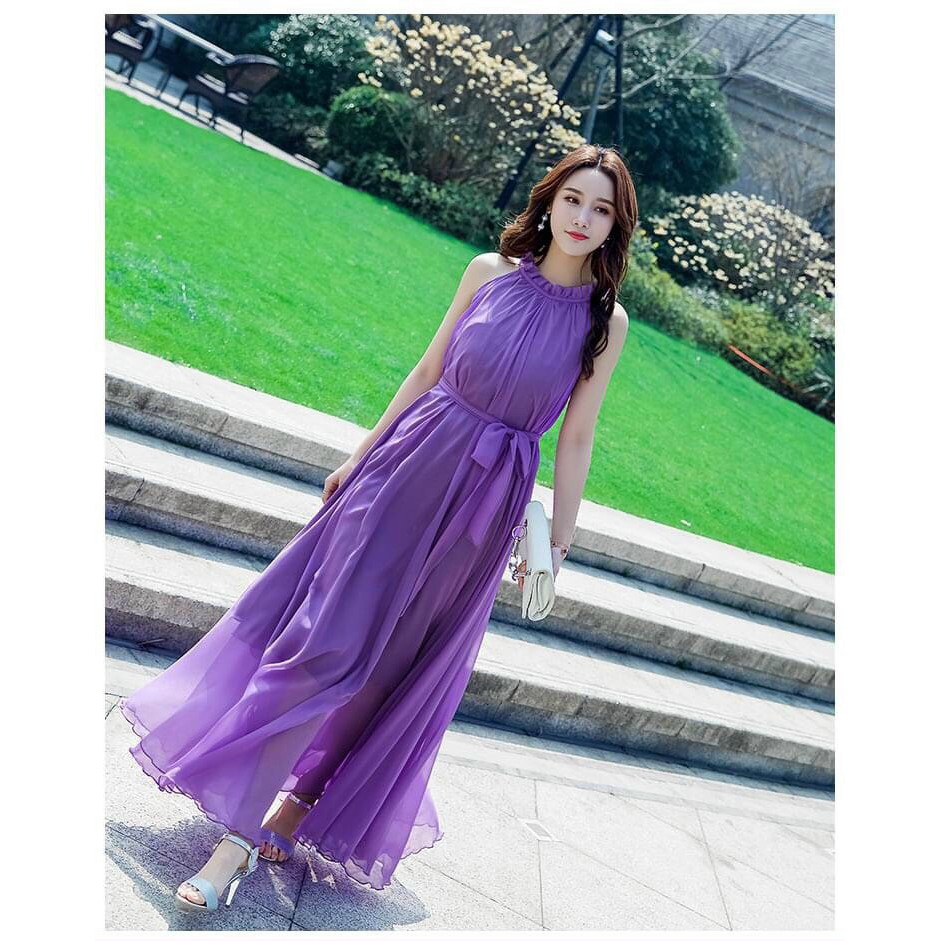 Đầm Maxi Dáng Dài Cổ Yếm Xếp Ly Thời Trang Nữ Rose Fashion