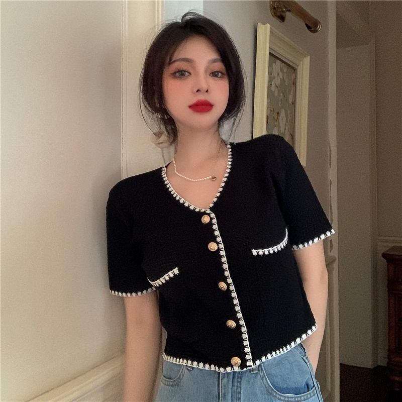 Áo Cardigan Dệt Kim Tay Ngắn Cổ Chữ V Dễ Phối Đồ
