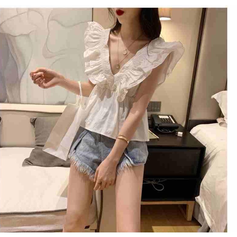 Áo Sơ Mi Tay Bèo Cổ Chữ V Dáng Rộng Phong Cách Hàn Quốc
