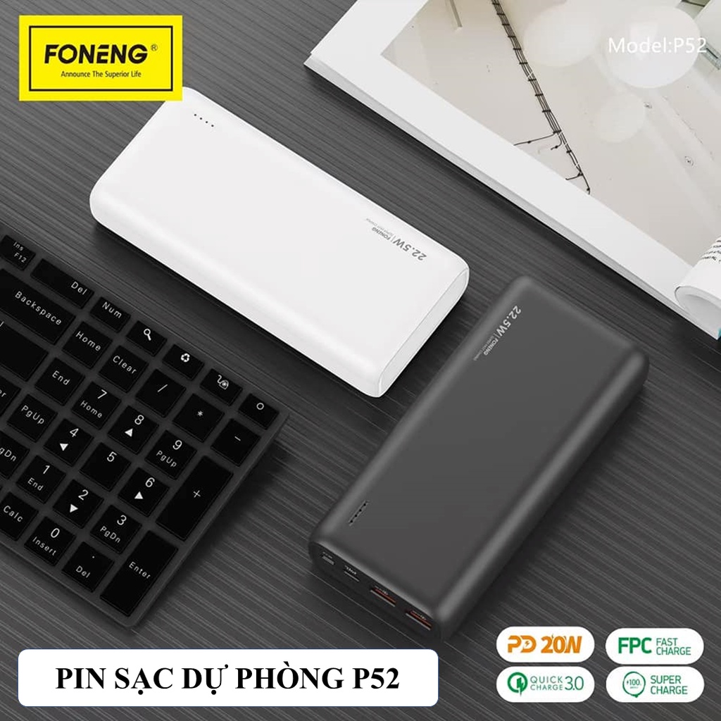 Sạc Pin Dự Phòng Foneng 20.000mAh P52- Sạc Nhanh PD 22.5W - Chính hãng Bảo Hành 12 Tháng