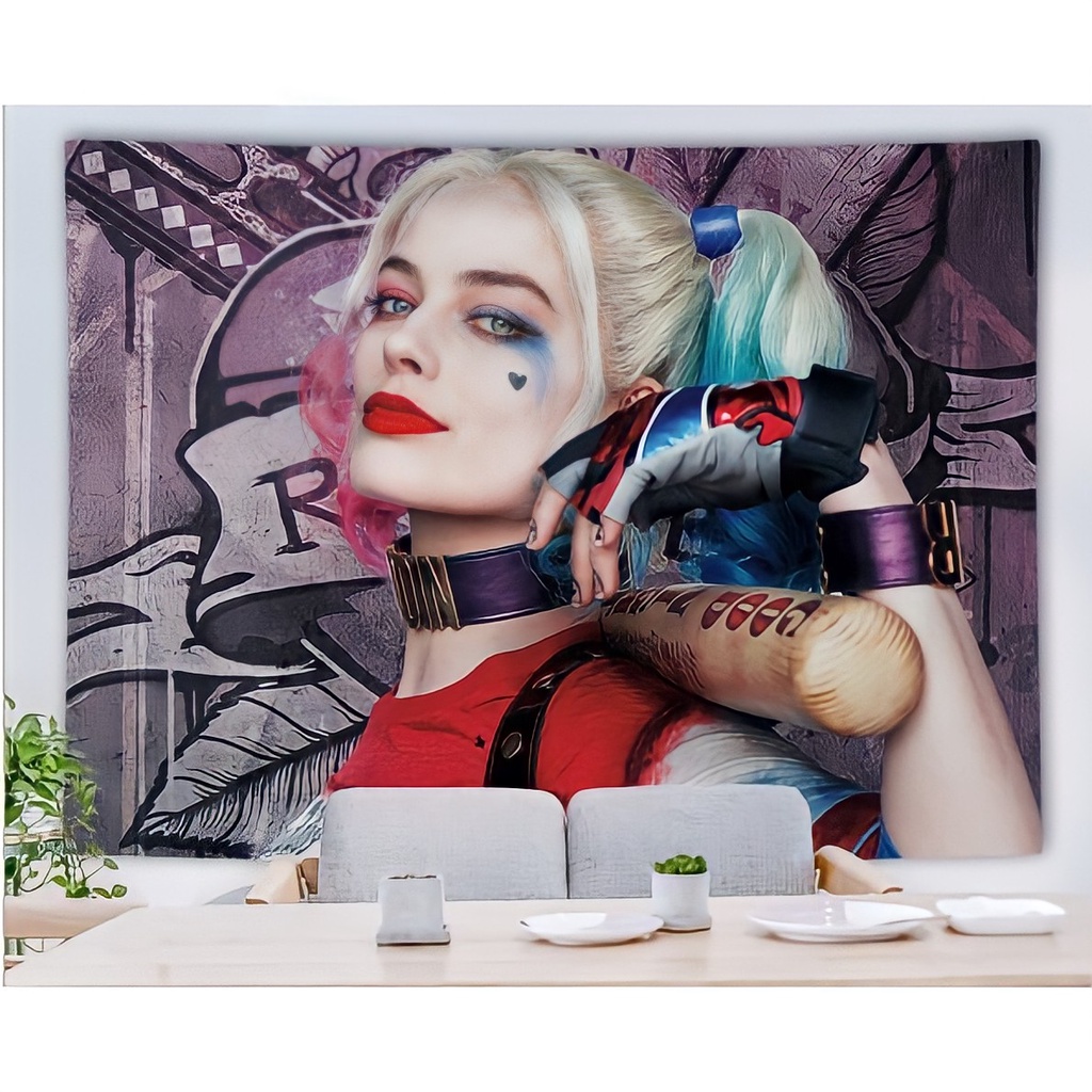 Tranh Vải Decor Harley Quinn Và Joker Chất Liệu Lụa Cao Cấp - Tặng Kèm Đèn Led