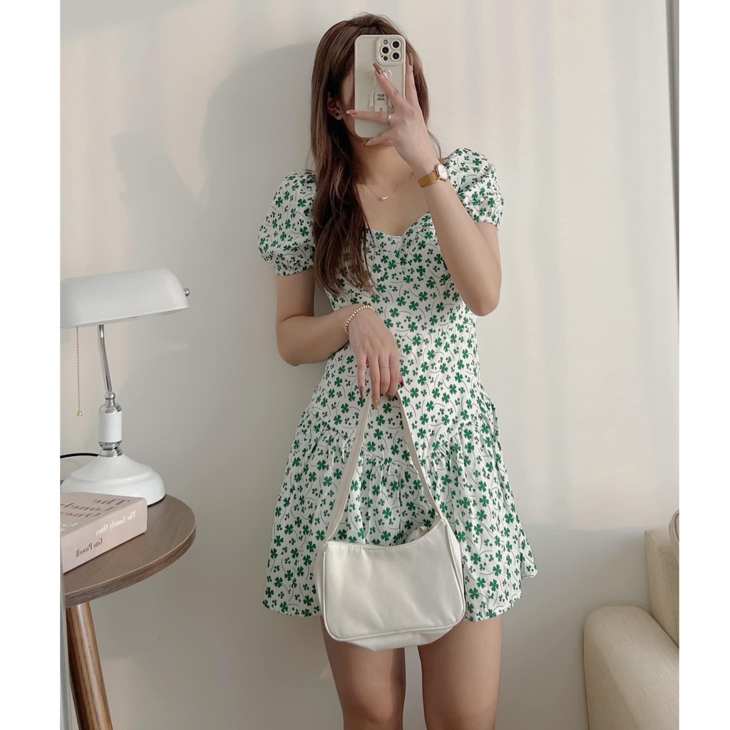 Đầm váy cộc tay cỏ may mắn, phong cách Hàn Quốc vintage mùa hè Kozoda D60
