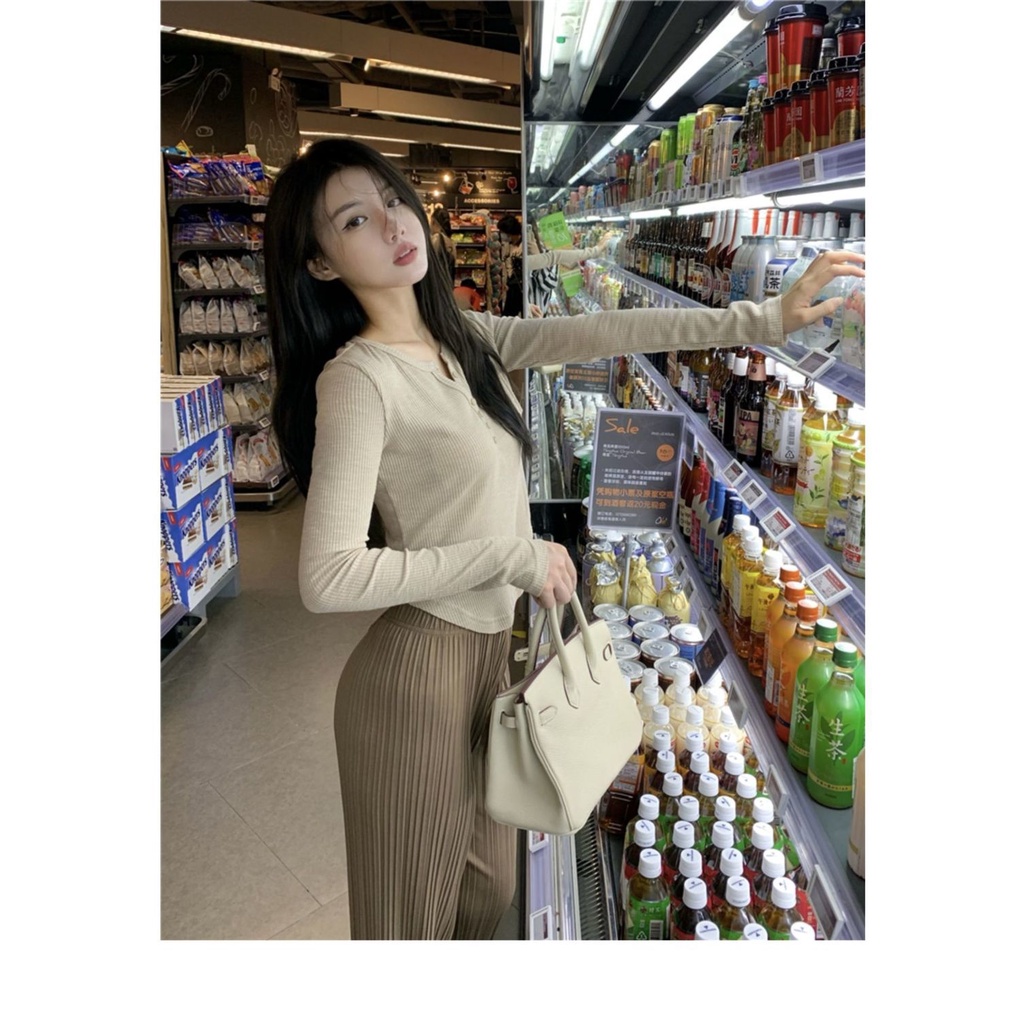 Áo Thun Nữ Dài Tay Cổ Tròn Sọc Caro Thời Trang Hàn