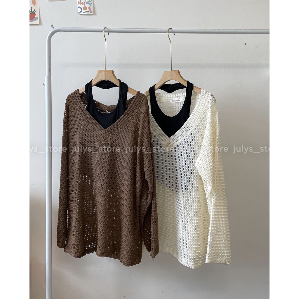 Set áo quây cổ yếm kèm áo len lưới cổ V form rộng nhiều màu ulzzang