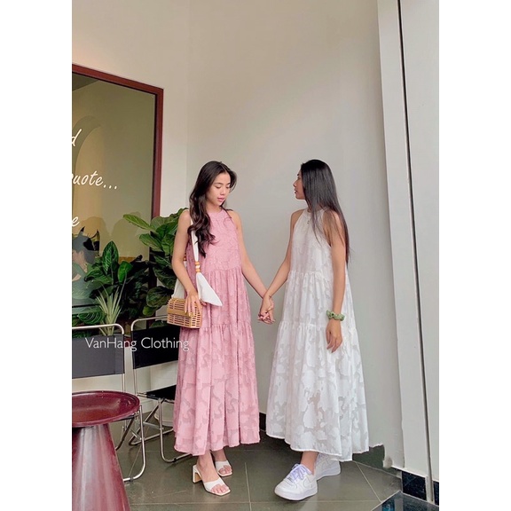 ĐẦM MAXI TẦNG CỔ YẾM HOA NỔI💕 (trắng- hồng nhu)