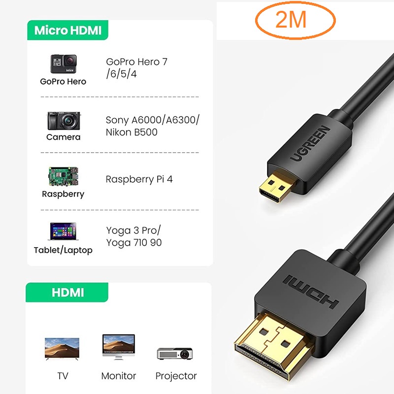 Cáp chuyển đổi MICRO HDMI sang HDMI Dài 1.5m 2m UGREEN 30102 30103- Hàng chính hãng