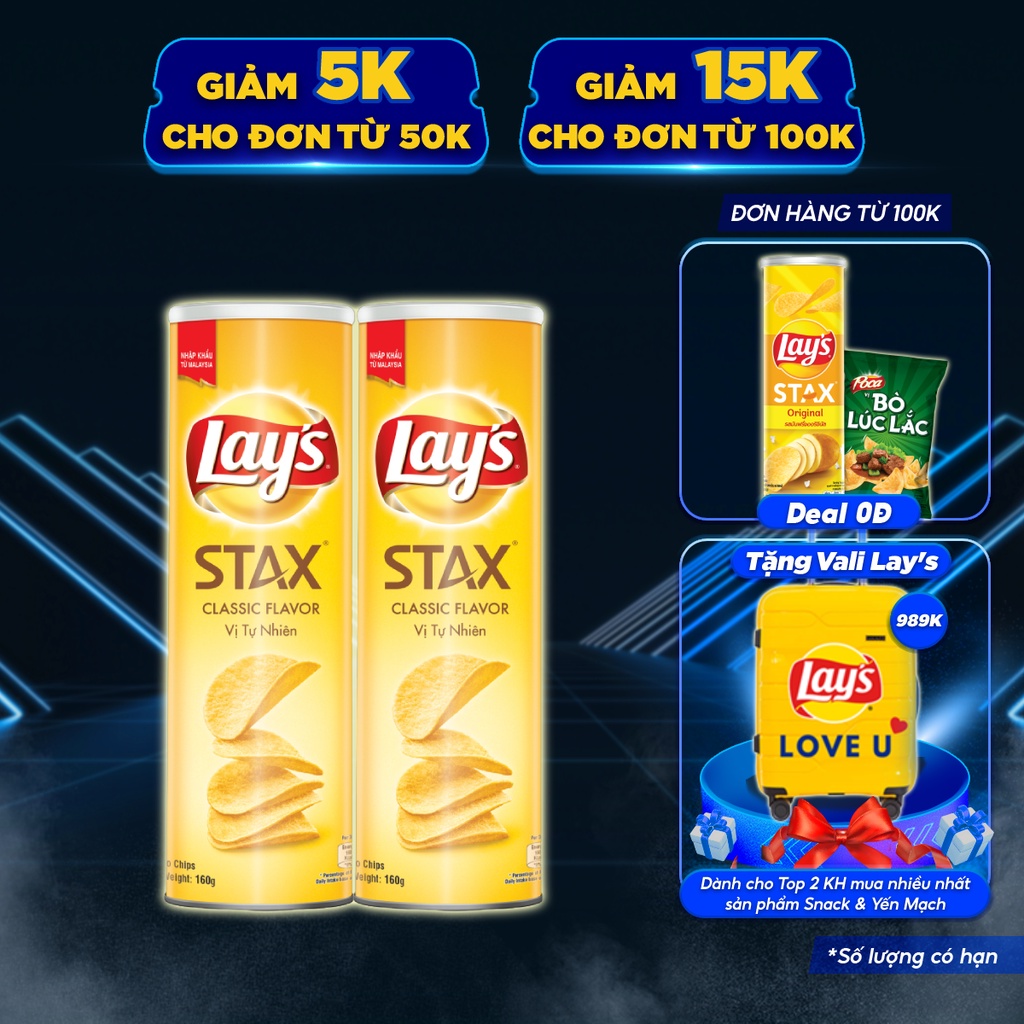 [Mã GRO1APR giảm 20K đơn 150K] Combo 2 Bánh snack khoai tây miếng Lay's Stax Malaysia vị tự nhiên hộp 160g/hộp