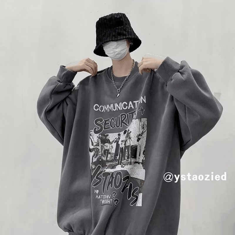 Áo Nỉ Dài Tay In Chữ Phong Cách Hiphop Đường Phố Hàn Quốc Cho Nam