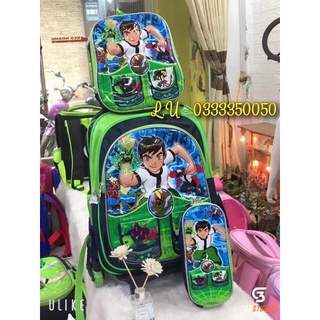 Balo Kéo 3 CHi Tiết, Hình Nổi 3d, Thiết Kế 6 Bánh Leo Cầu Thang, Dành Cho Bé Cấp 1