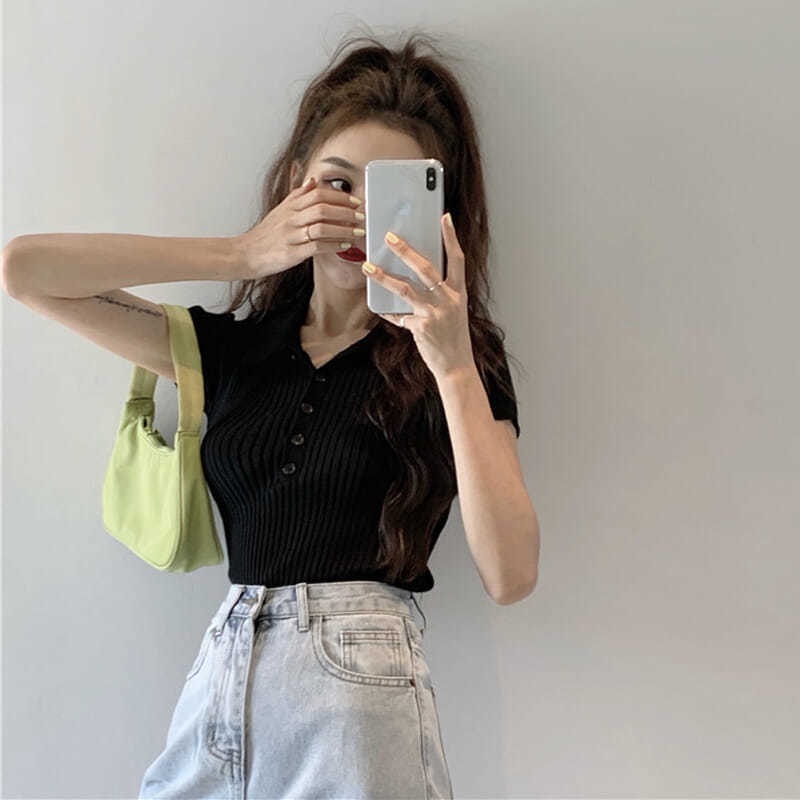 Happy-store  Áo croptop dệt kim tay ngắn cổ polo Happy Store thời trang Hàn Quốc thanh lịch