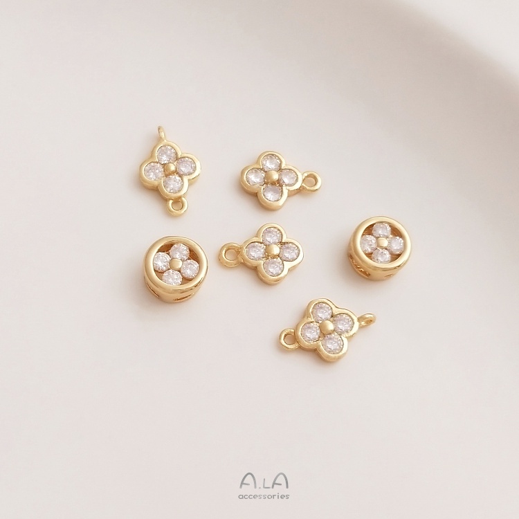 💖Trang sức DIY phụ kiện💖Giữ màu 14K mạ vàng Zircon bốn lá cỏ mặt dây chuyền tròn may mắn cỏ cách ly hạt DIY trang sức đôi treo phụ kiện