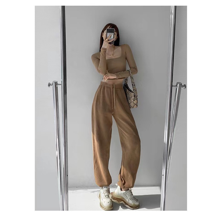 SUXI Quần dài nữ ống suông cạp thun màu trơn thời trang phong cách Hàn Quốc