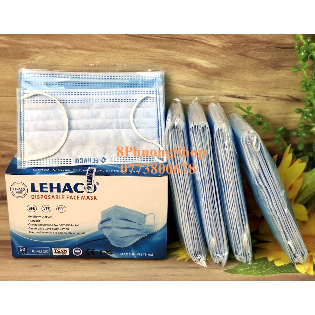 Khẩu trang y tế Lehaco 4 lớp màu Kháng khuẩn Xanh / Hồng / Trắng/ Xám 50 cái/ hộp