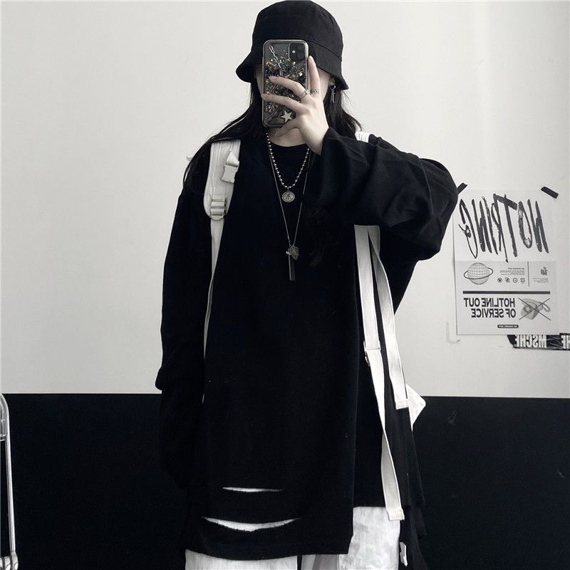 Jiashucheng Áo Thun Tay Dài Dáng Rộng Màu Trắng Rách Gối Phong Cách Hàn Quốc Thu Đông Mới Dễ Phối Đồ Cho Học Sinh Nữ @