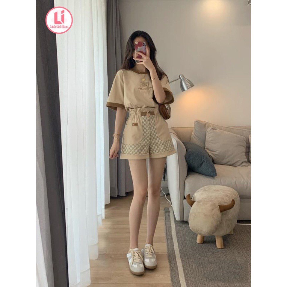 Set bộ MUEL áo cotton tàu mịn hình thêu chữ nổi tỉ mỉ mix quần thô kaki phối túi