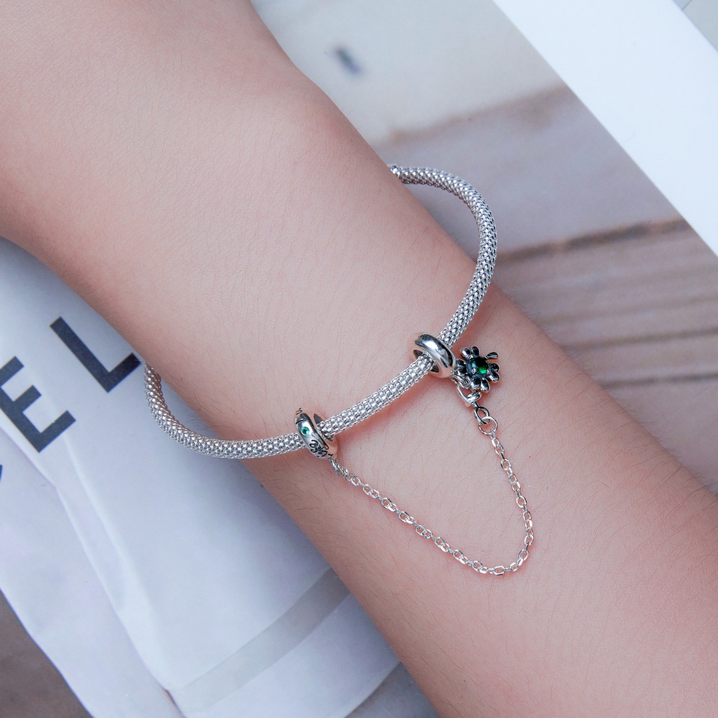 BAMOER Mặt Vòng cổ Bạc 925 Silicone Hình Cỏ Bốn Lá Thời Trang DIY